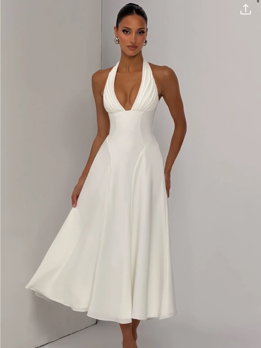 Halter Midi Dress in White with Plunging Neckline